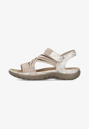 Hellbraune Sandalen mit geflochtenen Riemen, verstellbarem Rücken, gepolstertem Fußbett und strukturiertem Gummisohle. Akzente sind ein gesprenkeltes Finish.