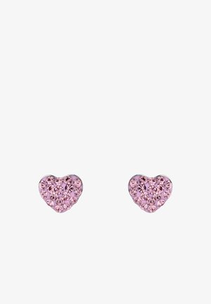 Boucles d'oreilles en forme de cœur rose ornées de multiples petits cristaux roses, montées sur une base en métal de couleur argentée. Surface lisse avec des accents brillants.