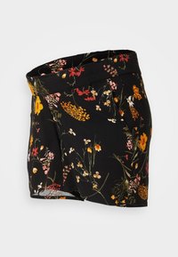 Černé květinové šortky s živým vzorem žlutých, růžových a bílých květin. Mají elastický pas a volný střih.