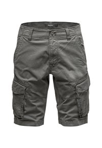 Graue Cargo-Shorts mit mehreren Seitentaschen, aus leichtem Stoff, mit Knopfverschluss und Gürtelschlaufen.