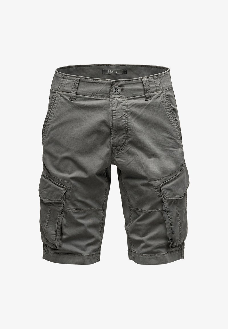 Graue Cargo-Shorts mit mehreren Seitentaschen, aus leichtem Stoff, mit Knopfverschluss und Gürtelschlaufen.