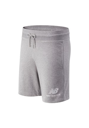 Lysegrå New Balance sportsshorts med snøre i taljen og sidelommer vist mod en hvid baggrund.