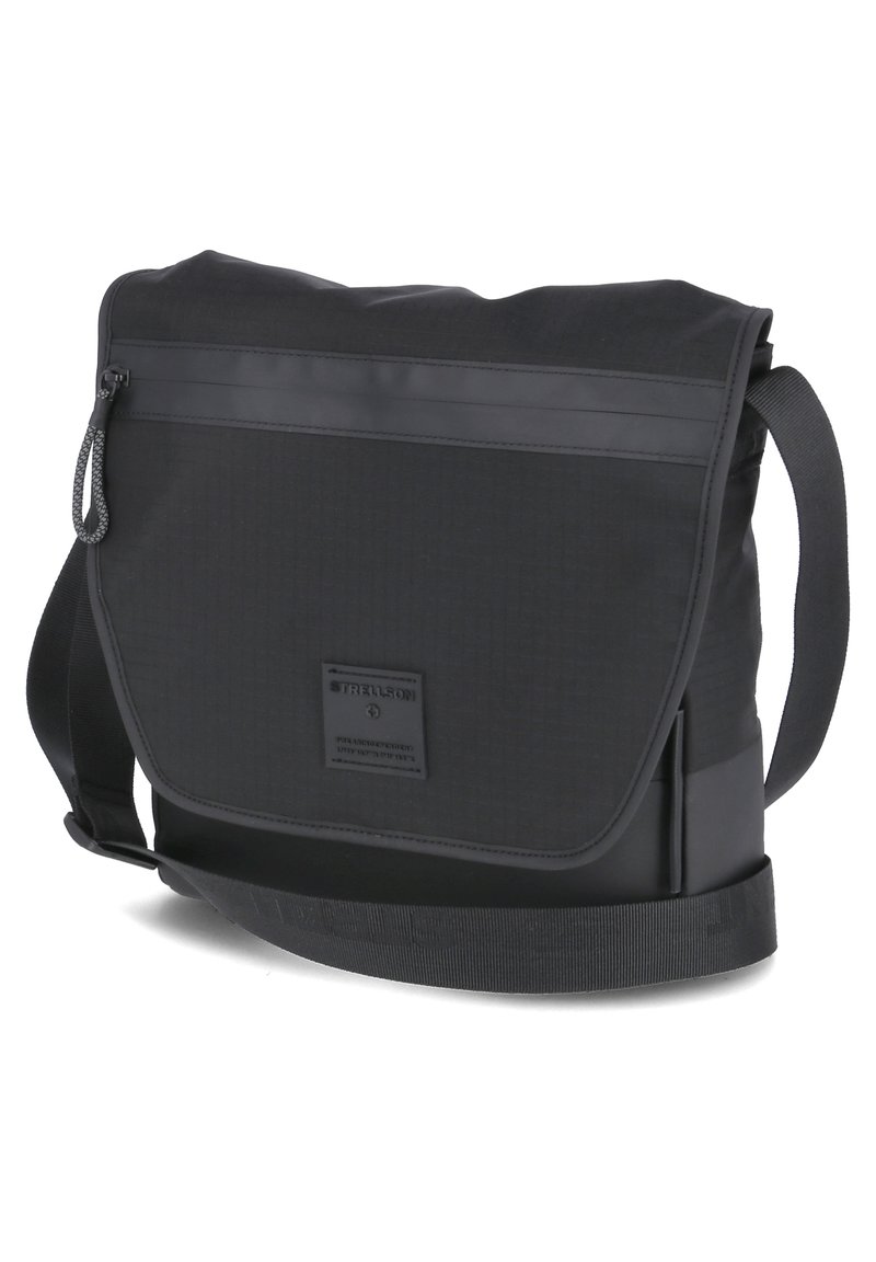 Black messenger bag made of fabric with a smooth texture. Features a top flap, zip closure, adjustable strap, and logo patch on the front.
