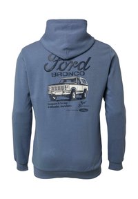 Blauwe hoodie met Ford Bronco-logo, vintage SUV-illustratie en de tekst "Vergelijk het met elke 4-wheeler, overal" op de achterkant.