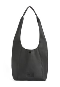 Bolso de hombro de cuero negro con forma curva, que cuenta con una sola correa, detalles de costura sutiles y un cierre a presión en la parte frontal.