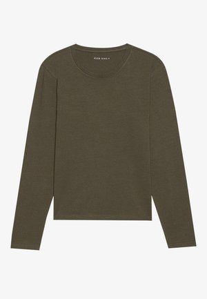 T-shirt a maniche lunghe verde oliva con scollatura rotonda, realizzato in tessuto morbido, con orlo dritto e delicate cuciture decorative.