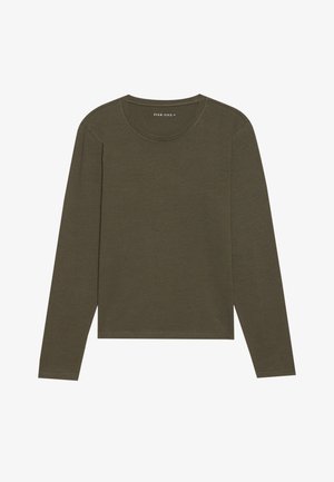 Olivengrünes Langarm-T-Shirt mit Rundhalsausschnitt, aus weichem Stoff gefertigt, mit geradem Saum und dezenten Nähten.