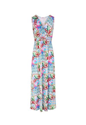 Robe longue sans manches avec décolleté en V, ceinture à la taille cintrée, et motifs patchwork colorés floraux et géométriques en bleu, rose, rouge et vert.