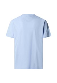 T-shirt bleu clair à manches courtes avec col rond, vu de dos, en tissu uni et lisse avec une coupe régulière.
