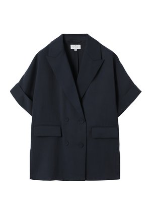 Blazer bleu marine croisé à manches courtes avec revers crantés et deux poches avant à rabat, taille 36.
