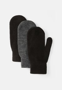 Conjunto de três luvas de malha em preto sólido e duas tonalidades de cinza. Apresenta punhos canelados e topos arredondados. Padrão de malha texturizada por todo o material.