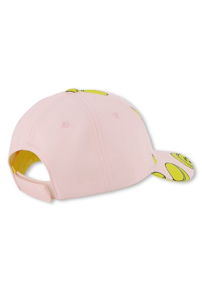 Cappellino rosa con motivi di palline da tennis gialle, cinturino regolabile sul retro, tessuto morbido, visiera curva e sei fori di ventilazione.