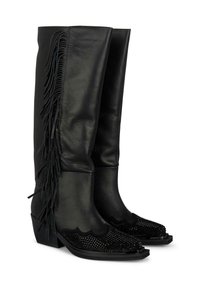 Botas de cuero negras hasta la rodilla con detalles de flecos en el costado. Presentan una punta texturizada con cuentas y un tacón cuadrado.