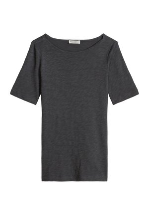Donkergrijs T-shirt met korte mouwen en een ronde hals, gemaakt van een gestructureerde stof, plat weergegeven tegen een witte achtergrond.
