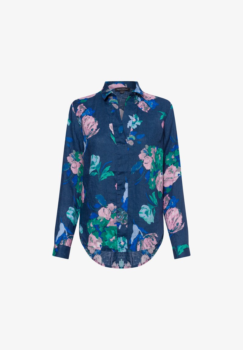Bloemige shirt in marineblauwe stof met roze en groene bloemenpatronen, met knopenlijst aan de voorkant, kraag en afgeronde zoom. Lange mouwen.