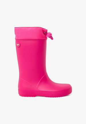 Růžová gumová holínka s hladkým povrchem, nízkým profilem, stahovací šňůrou na vrcholu a texturovanou podrážkou pro lepší přilnavost.