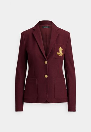 Bordové sako z textúrovanej tkaniny, so zlatým logom na náprsnej vrecku, dvoma prednými vreckami a zlatými gombíkmi.