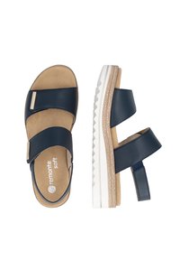 Navy blue sandals with two adjustable straps, a padded footbed, and a white textured wedge sole. Features a small metallic accent.