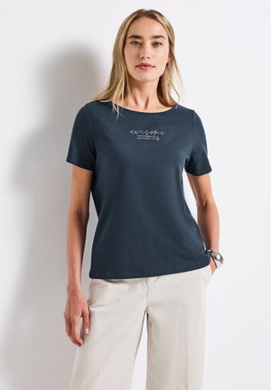 T-shirt à manches courtes bleu foncé avec un col rond et un imprimé avec le texte "génial". Présente une coupe décontractée et une texture douce.