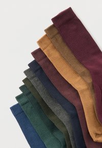 Skarpety z mieszanki bawełny w różnych kolorach: ciemna zieleń, granatowy, szary, brązowy, musztardowy, bordowy oraz odcienie ziemi. Teksturowane ściągacze przy mankietach.