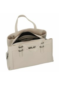 Borsa in faux leather beige con doppi manici superiori, scomparti con cerniera e dettagli in hardware argentato. Caratterizzata da dettagli testurizzati e logo.