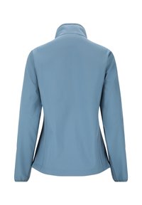 Veste bleu clair à manches longues avec col montant et texture lisse, présentant un design élégant et ajusté sans matériel ou accents visibles.