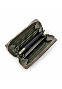 Green leather wallet with a zippered closure, featuring multiple card slots and a central zip compartment for coins. Textured exterior.