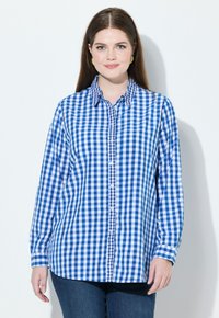 Camicia a quadri blu e bianca, con colletto, maniche lunghe e orlo curvo. Il tessuto appare liscio con un motivo a griglia.
