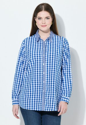 Camicia a quadri blu e bianca, con colletto, maniche lunghe e orlo curvo. Il tessuto appare liscio con un motivo a griglia.