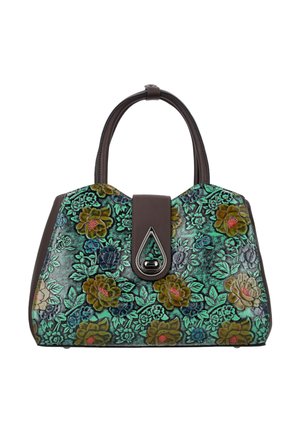 Handtas met donkerbruine handgrepen en tealgroen leer met bloemenreliëf, voorzien van een zilveren druppelvormige sluiting op de voorflap.