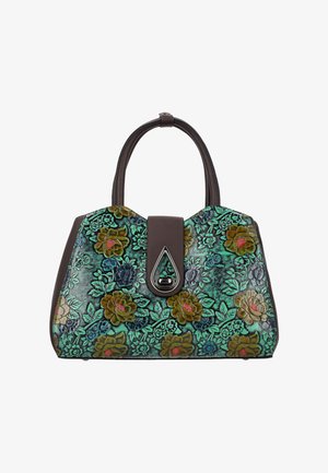 Handtas met donkerbruine handgrepen en tealgroen leer met bloemenreliëf, voorzien van een zilveren druppelvormige sluiting op de voorflap.