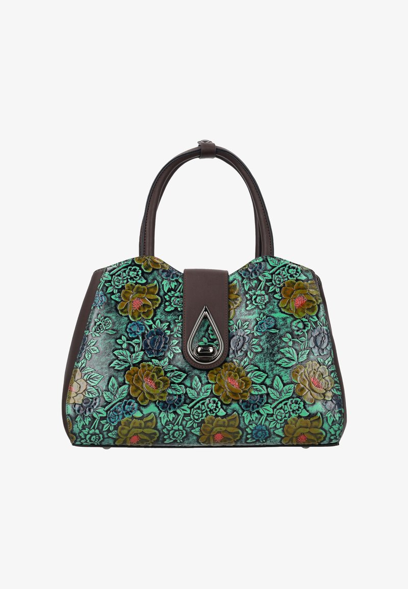 Sac à main avec des poignées brun foncé et cuir embossé floral vert sarcelle, doté d'un fermoir en forme de goutte d'argent sur le rabat avant.