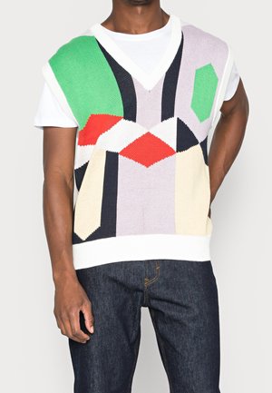 Gilet lavorato a maglia colorato con scollo a V, caratterizzato da motivi geometrici in verde, rosso, viola e beige. Orlo a coste e design con spalle ampie.