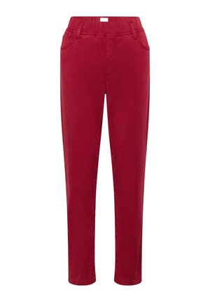 Rote, gerade geschnittene Hose aus weichem Stoff mit elastischem Bund und zwei Fronttaschen. Glatte Oberfläche ohne sichtbare Muster oder Akzente.