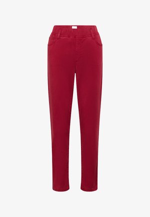 Rote, gerade geschnittene Hose aus weichem Stoff mit elastischem Bund und zwei Fronttaschen. Glatte Oberfläche ohne sichtbare Muster oder Akzente.