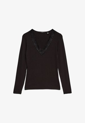 Black long-sleeve top with a deep V-neckline, featuring a decorative lace trim along the collar. Smooth fabric with a fitted design.