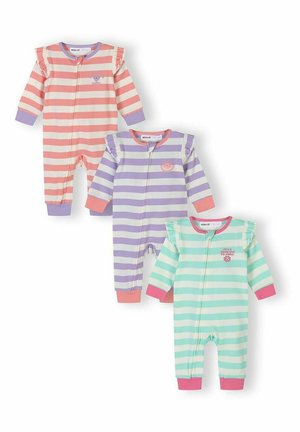 Trzy paskowane body niemowlęce w kolorach różowym, fioletowym i miętowym z falbankami na ramionach, mankietami oraz małymi haftowanymi wzorami zwierząt na piersi.