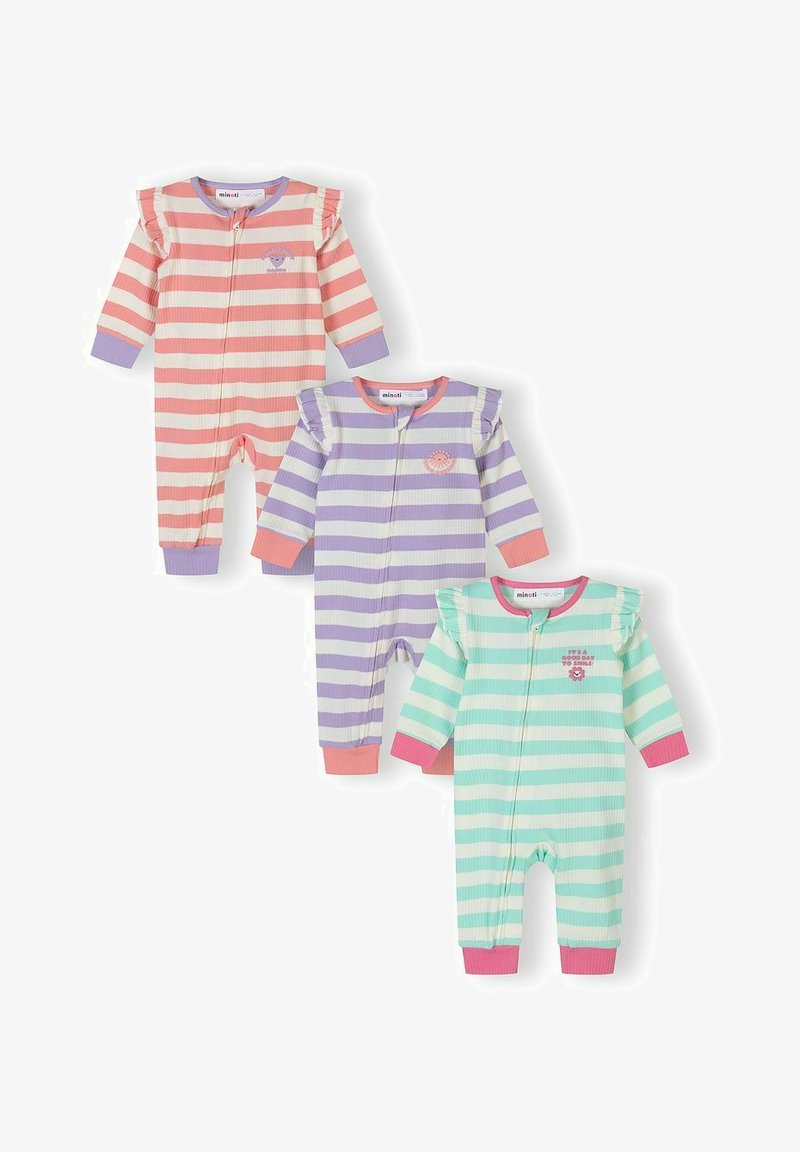 Trois bodies pour bébé rayés en rose, violet et menthe, avec des épaules à volants, des poignets et de petites broderies d'animaux sur la poitrine.