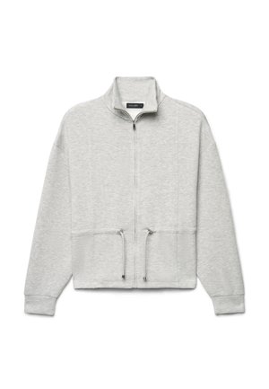 Hellgraue Zip-Jacke mit Stehkragen und verstellbaren Kordeln an der Taille, aus weichem Stoff mit langen Ärmeln.