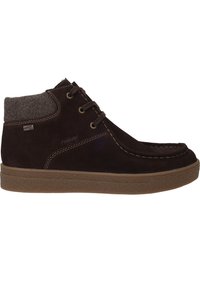 Bottines en suede marron avec un col texturé gris foncé, bout rond et semelle en caoutchouc beige. Comprend des lacets et des coutures décoratives.