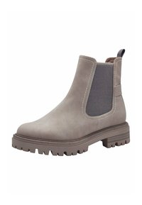 Stivaletti Chelsea grigi con pannelli laterali elasticizzati, parte superiore testurizzata e una suola in gomma spessa con battistrada prominente per una buona aderenza.