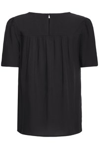 Czarna bluzka z krótkim rękawem, z marszczonym karczkiem na plecach i zapinanym na guziki otworem przy dekolcie.