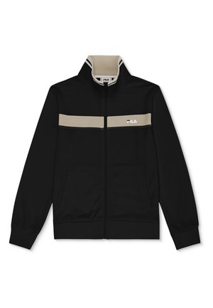Czarna kurtka dresowa na zamek z beżowym poziomym paskiem na wysokości klatki piersiowej oraz białym logo FILA po lewej stronie, beżowy wewnętrzny kołnierz z czarno-białą lamówką.