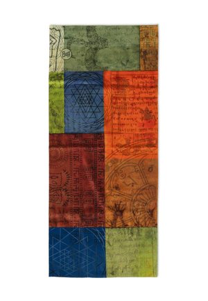Colorful patchwork neck gaiter with green, blue, orange, and red squares featuring abstract geometric patterns and script designs.
