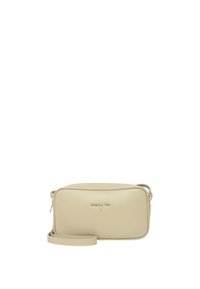 Borsa a tracolla in pelle beige con forma rettangolare, texture liscia, chiusura con zip e tracolla regolabile. Presenta il logo del brand sul davanti.