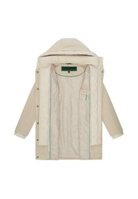 Manteau d'extérieur beige avec capuche ; doublure isolante en beige clair ; présente des finitions vertes et plusieurs fermetures à pression. Poche intérieure incluse.