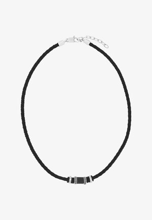 Schwarze geflochtene Lederkette mit silbernem Verschluss und dekorativen silbernen und schwarzen zylindrischen Perlen in der Mitte.