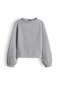 Maglione grigio a maglia con scollo rotondo e maniche a palloncino. Il tessuto presenta un motivo strutturato e una silhouette corta.