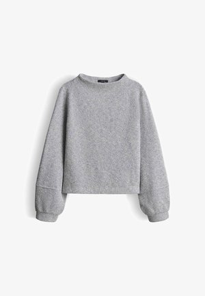 Grijze gebreide trui met een ronde halslijn en ballonmouwen. De stof heeft een gestructureerd patroon en een cropped silhouet.