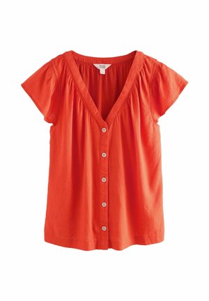 Bright orange short-sleeve blouse with a V-neck, front button closure, loose fit, and subtle gathered fabric details near the shoulders.